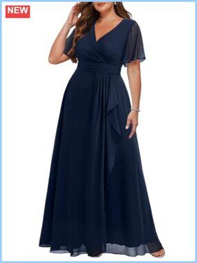 Plus Size Chiffon Formal Dress V Neck Ruffle Long Dress Wedding Guest